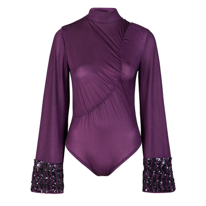 Adu Sequinned Bell Sleeved Bodysuit Top In Purple