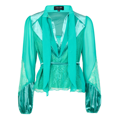 Remi Chiffon Lace with Velvet Details Co-ord Blouse In Green