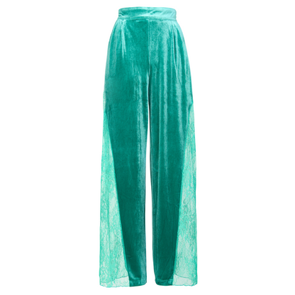 Remi Lace Panelled Velvet Straight Trousers In Green