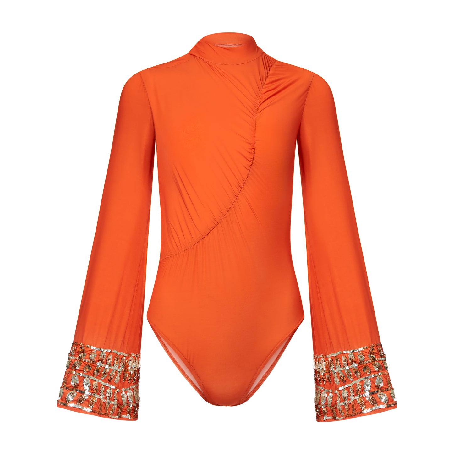 Adu Sequinned Bell Sleeved Bodysuit Top In Orange