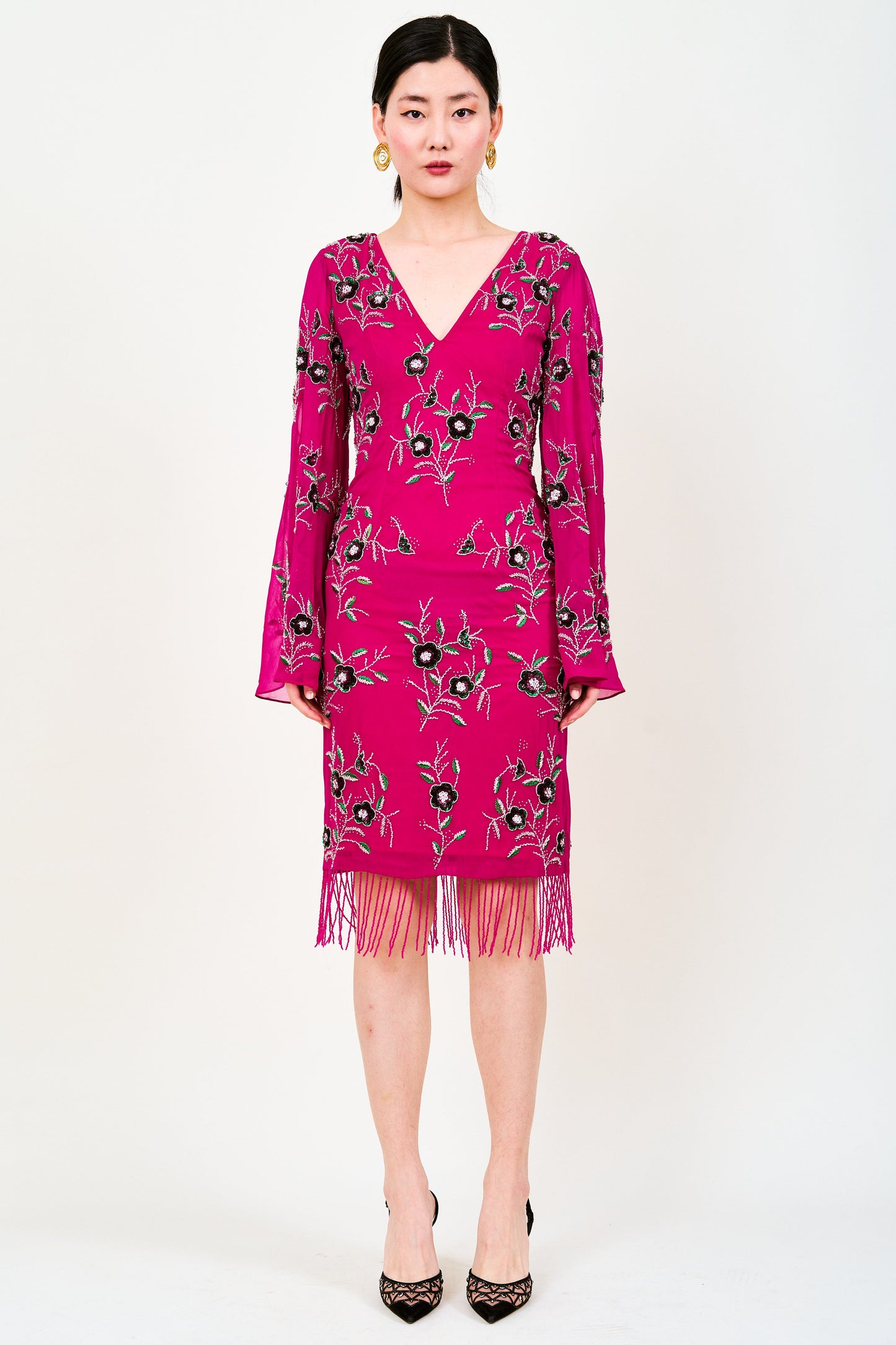 Raya Beaded Fringed Midi Dress In Pink