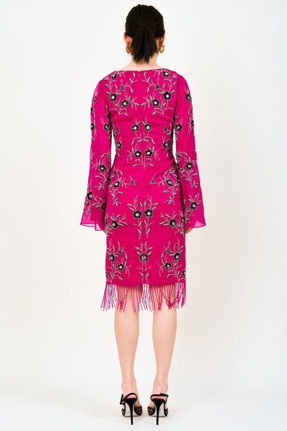 Raya Beaded Fringed Midi Dress In Pink