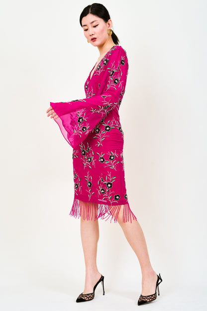 Raya Beaded Fringed Midi Dress In Pink