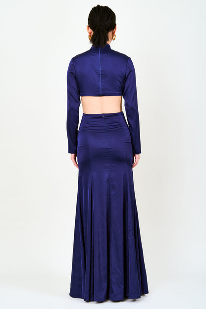 Oyin Cutout Satin Maxi Dress In Navy Blue