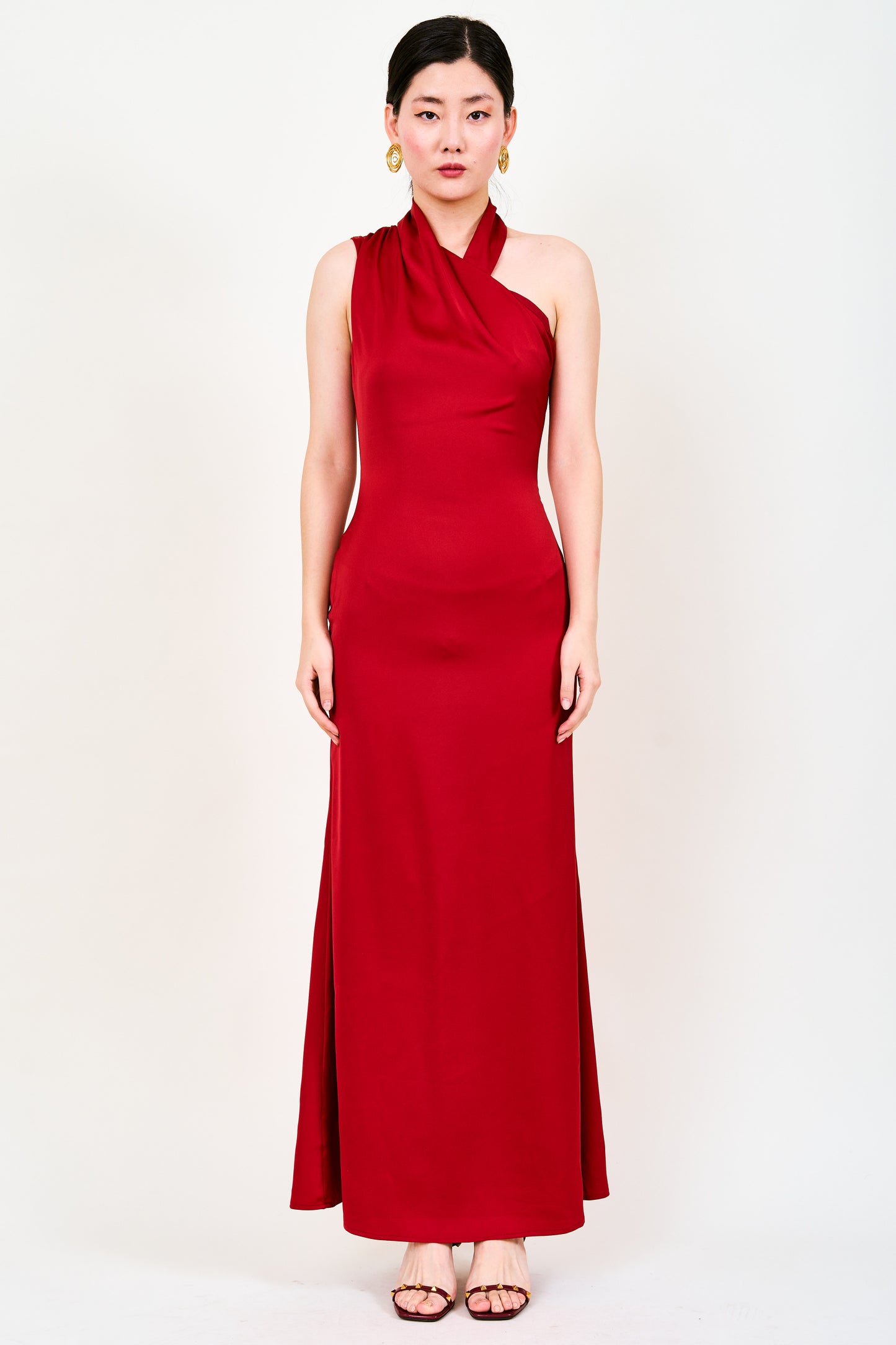 Xina Satin Asymmetrical Maxi Dress In Red