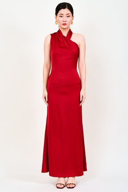 Xina Satin Asymmetrical Maxi Dress In Red