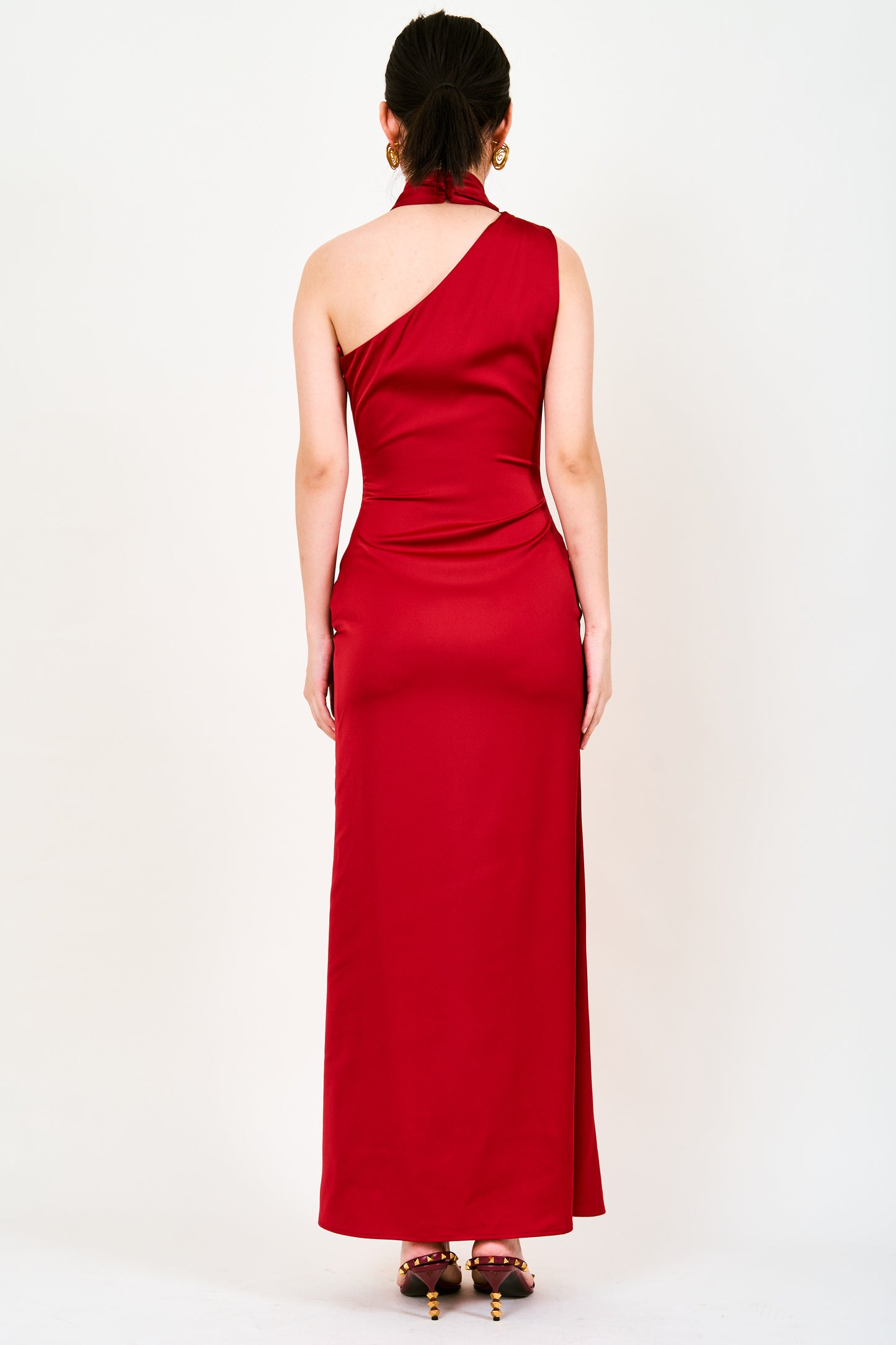 Xina Satin Asymmetrical Maxi Dress In Red