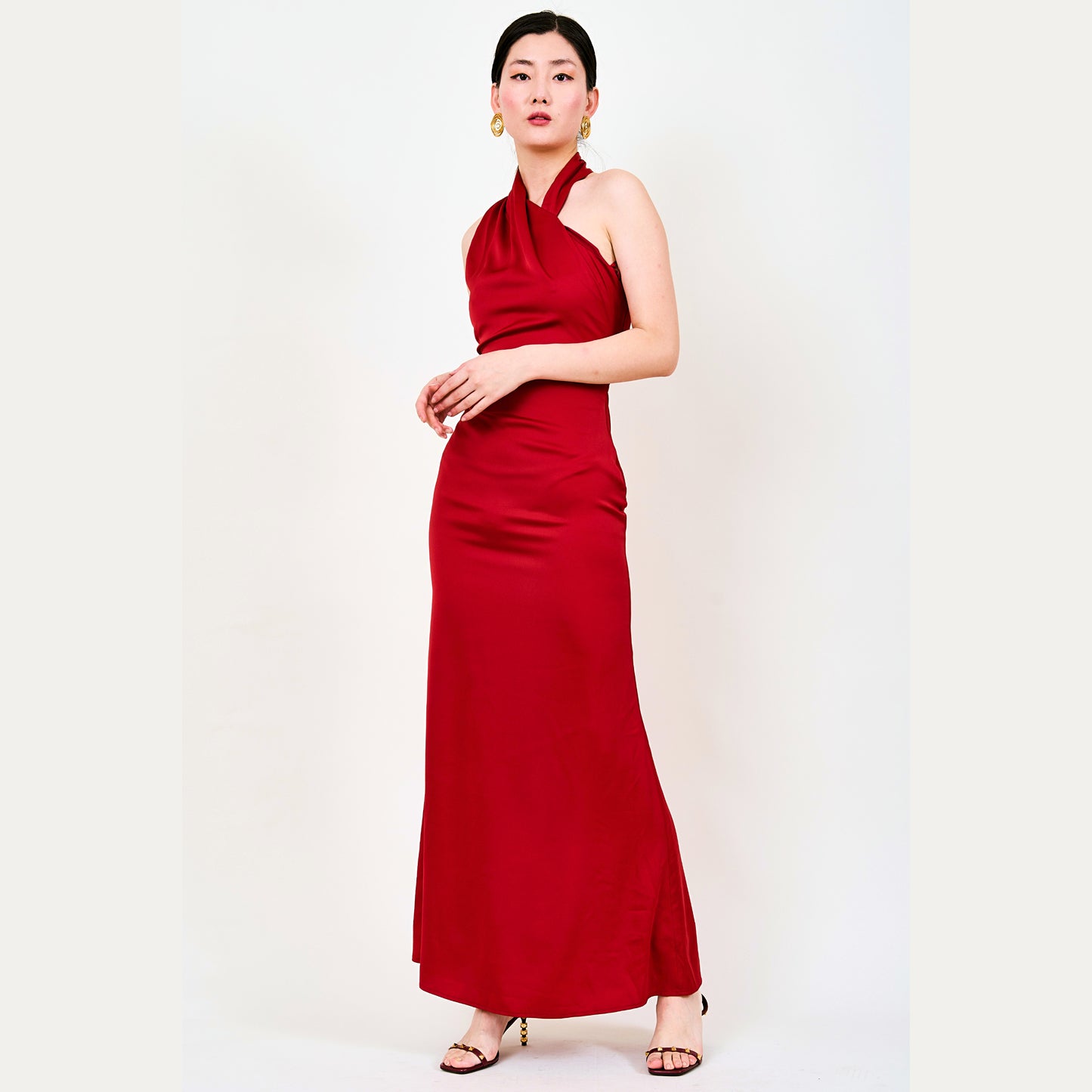 Xina Satin Asymmetrical Maxi Dress In Red