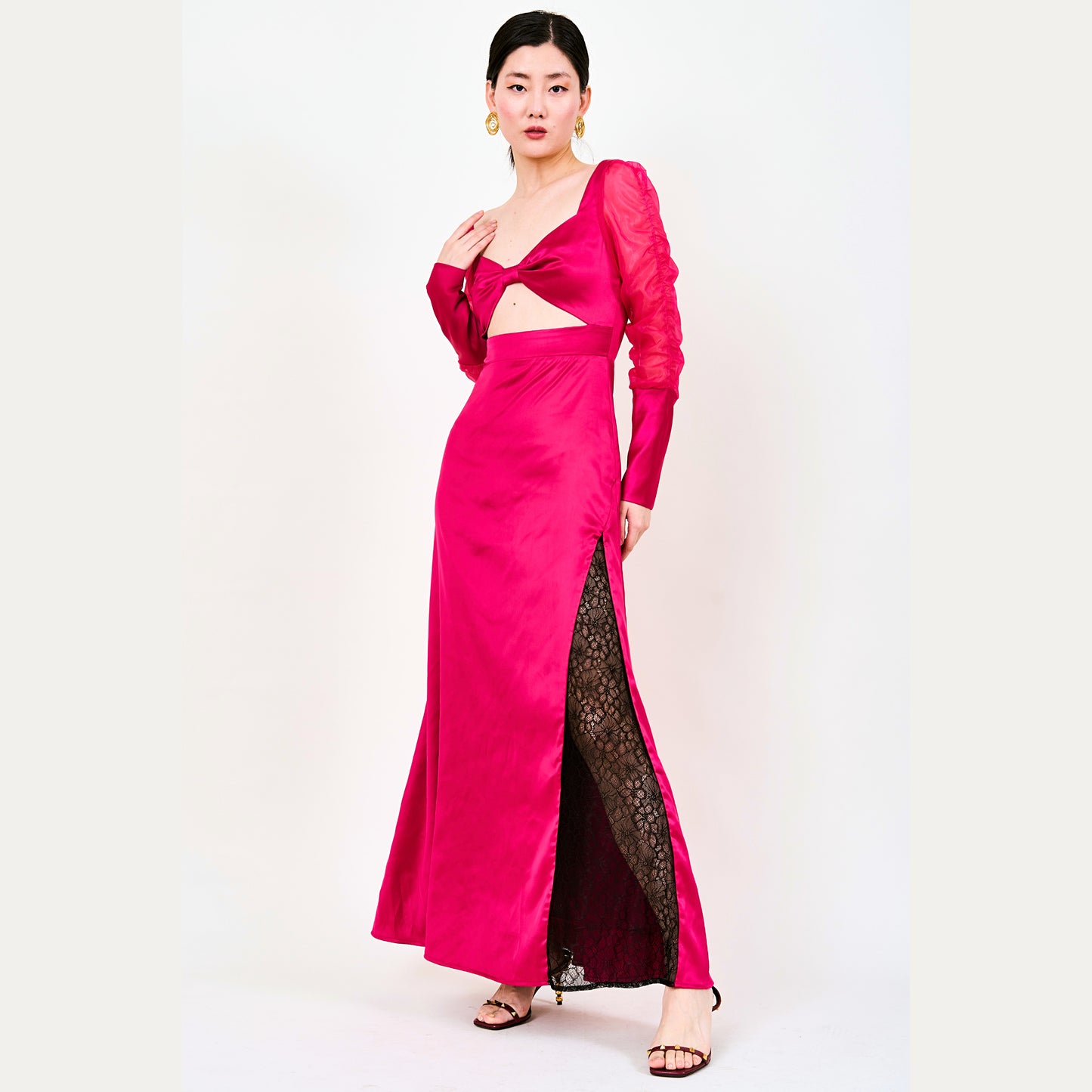 Winta Cutout Satin With Lace Insert Maxi Dress In Pink