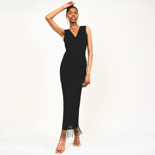 Mera Beaded Fringed Maxi Dress In Black