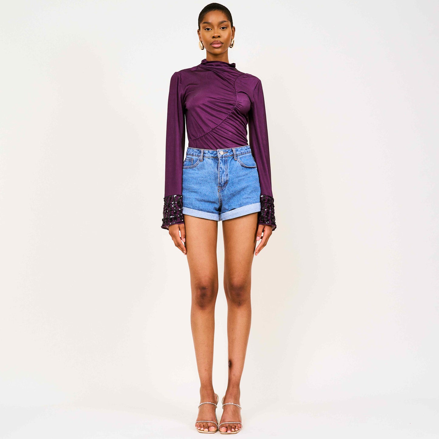 Adu Sequinned Bell Sleeved Bodysuit Top In Purple