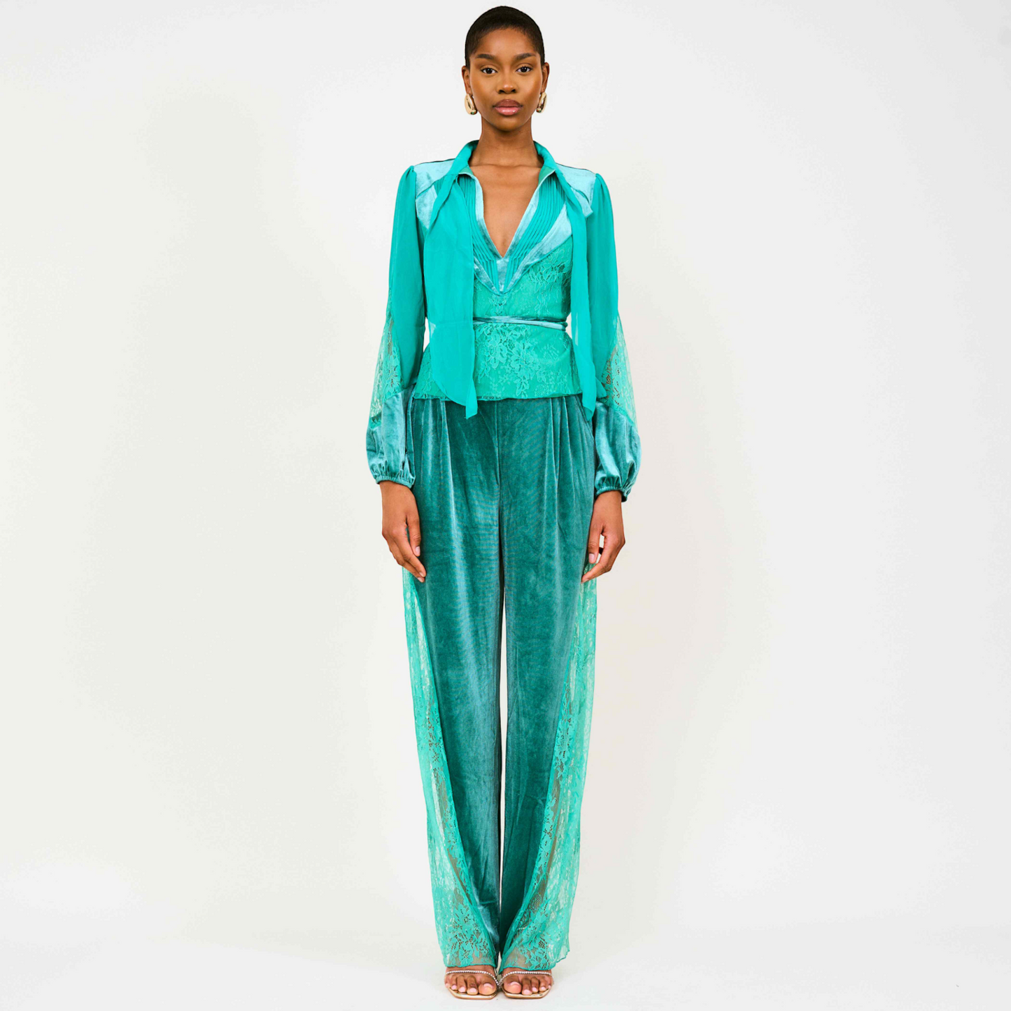 Remi Lace Panelled Velvet Straight Trousers In Green