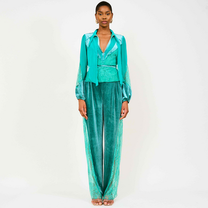 Remi Lace Panelled Velvet Straight Trousers In Green