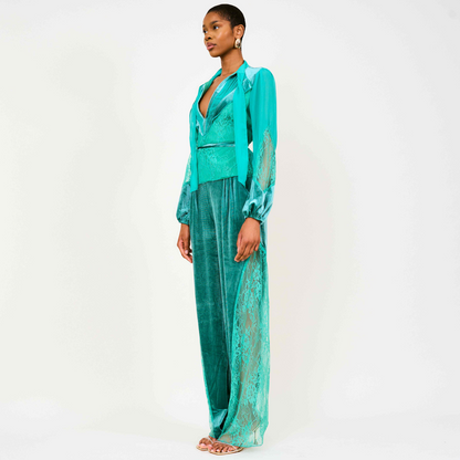 Remi Chiffon Lace with Velvet Details Co-ord Blouse In Green