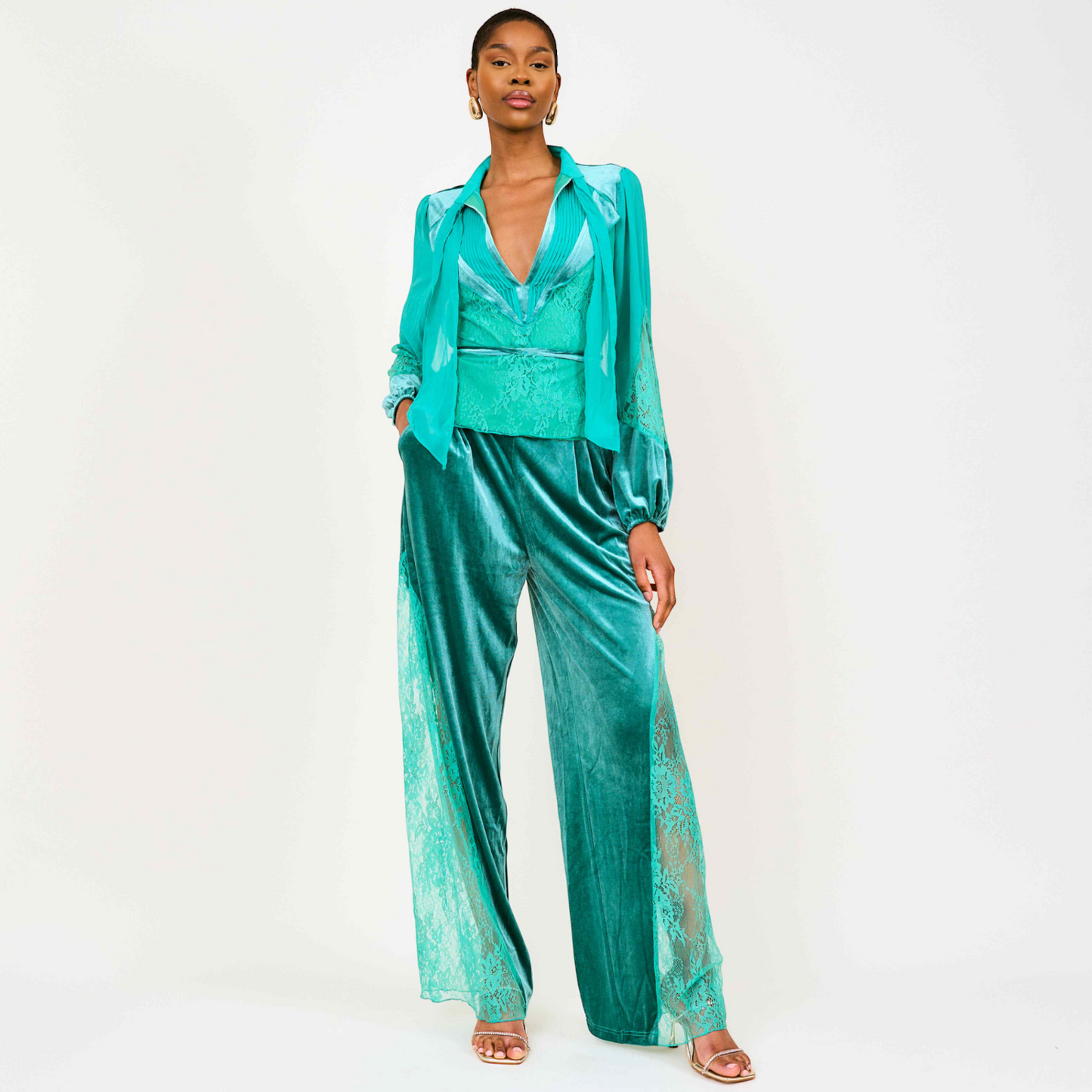 Remi Lace Panelled Velvet Straight Trousers In Green