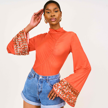 Adu Sequinned Bell Sleeved Bodysuit Top In Orange