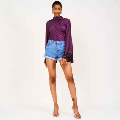 Adu Sequinned Bell Sleeved Bodysuit Top In Purple