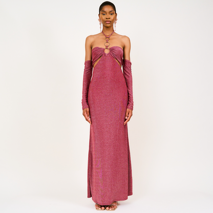 Amma Lurex Halter-neck Maxi Dress In Burgundy