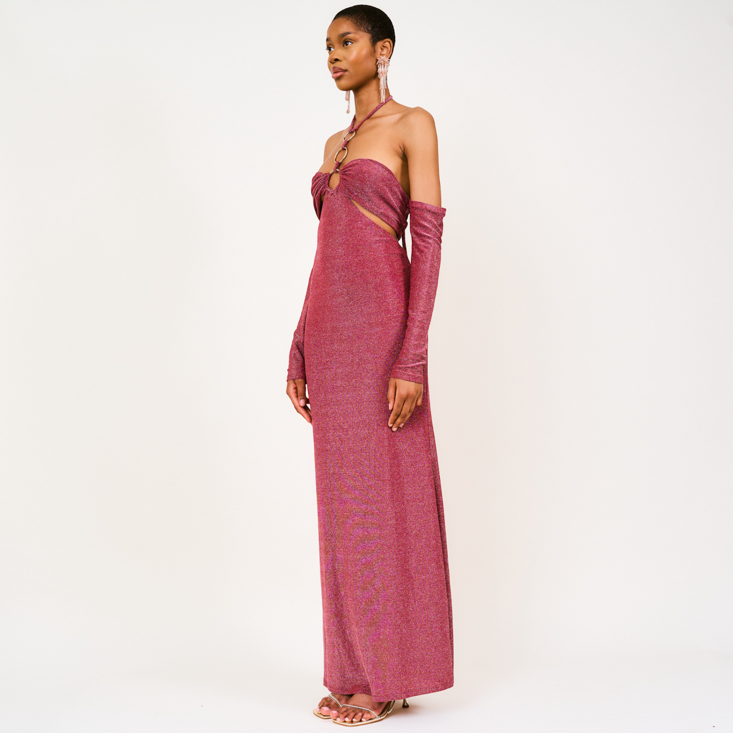 Amma Lurex Halter-neck Maxi Dress In Burgundy