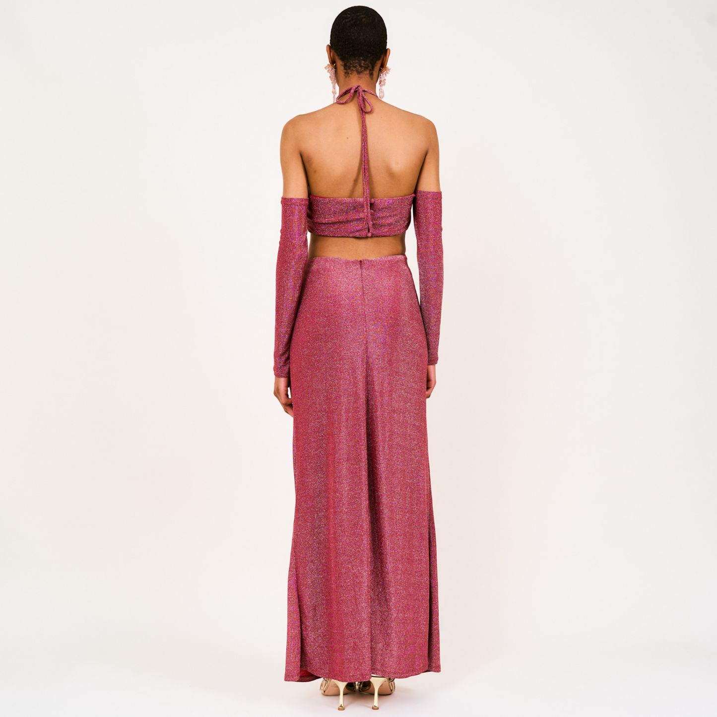 Amma Lurex Halter-neck Maxi Dress In Burgundy