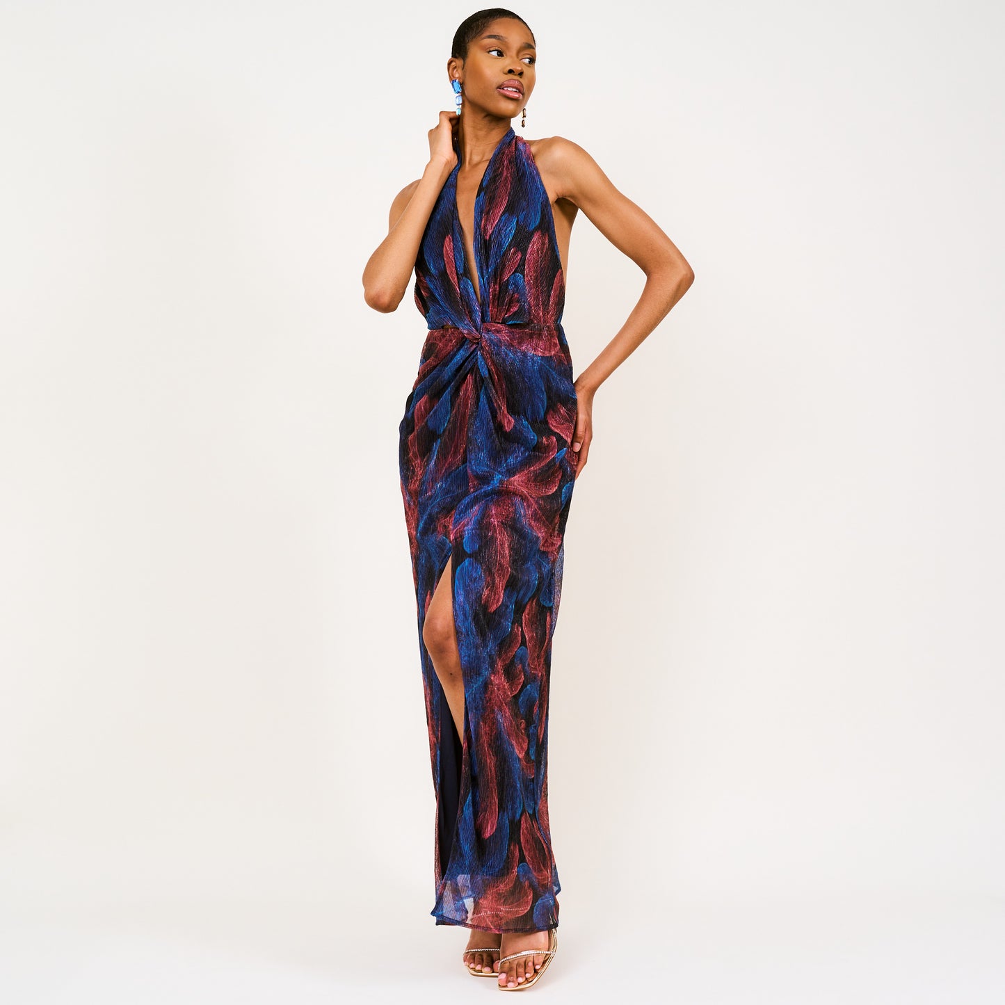 Adia Metallic-Knit Halterneck Print Maxi Dress