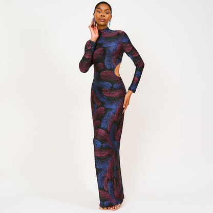 Binta Metallic-Knit High-neck Print Maxi Dress