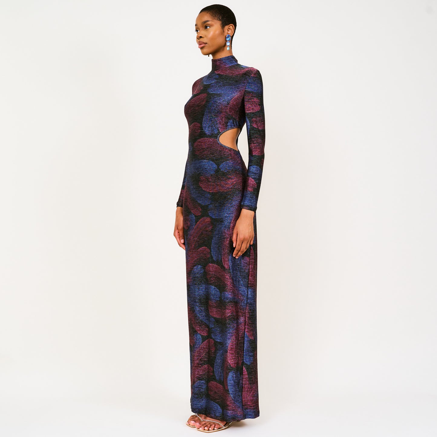 Binta Metallic-Knit High-neck Print Maxi Dress