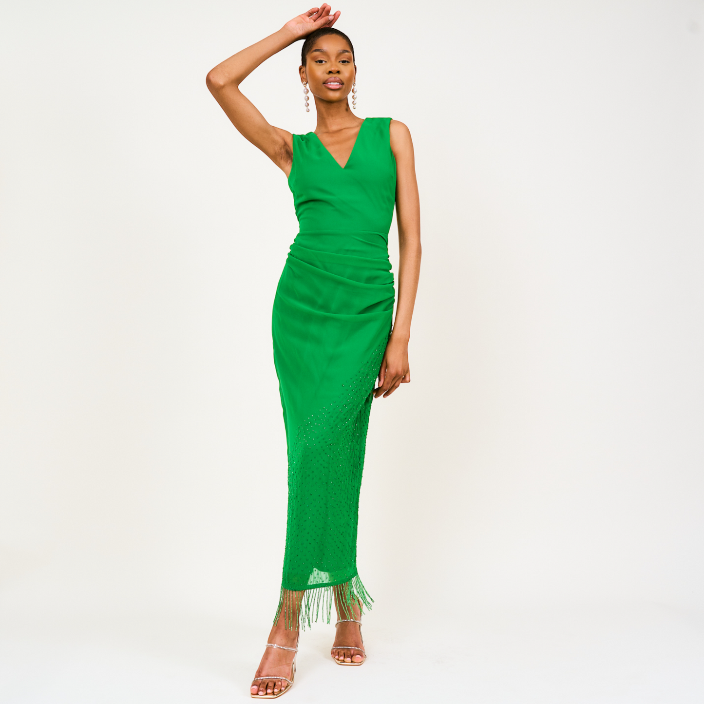 Mera Beaded Fringed Maxi Dress In Green