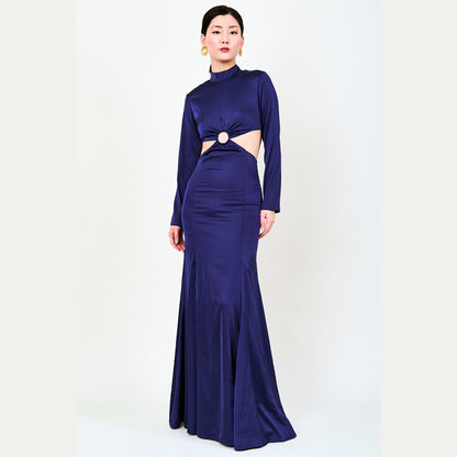 Oyin Cutout Satin Maxi Dress In Navy Blue