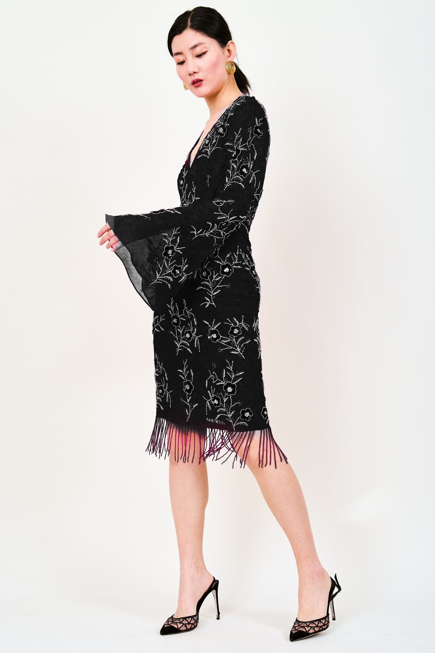 Raya Beaded Fringed Midi Dress In Black